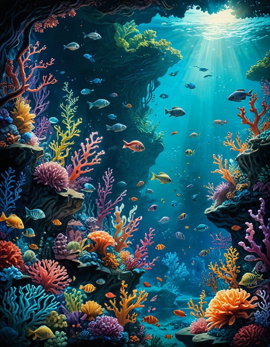 A vivid illustration of a fantastical underwater scene, featuring whimsical, anthropomorphic sea creatures engaged in intimate storytelling, surrounded by vibrant coral reefs. Subtle hints of adult themes are creatively woven into the design, inviting viewers to ponder the depths of emotional connection. Include soft, shimmering light filtering through the water to enhance the magical atmosphere. surrealism. vibrant colors. dreamy ambiance.